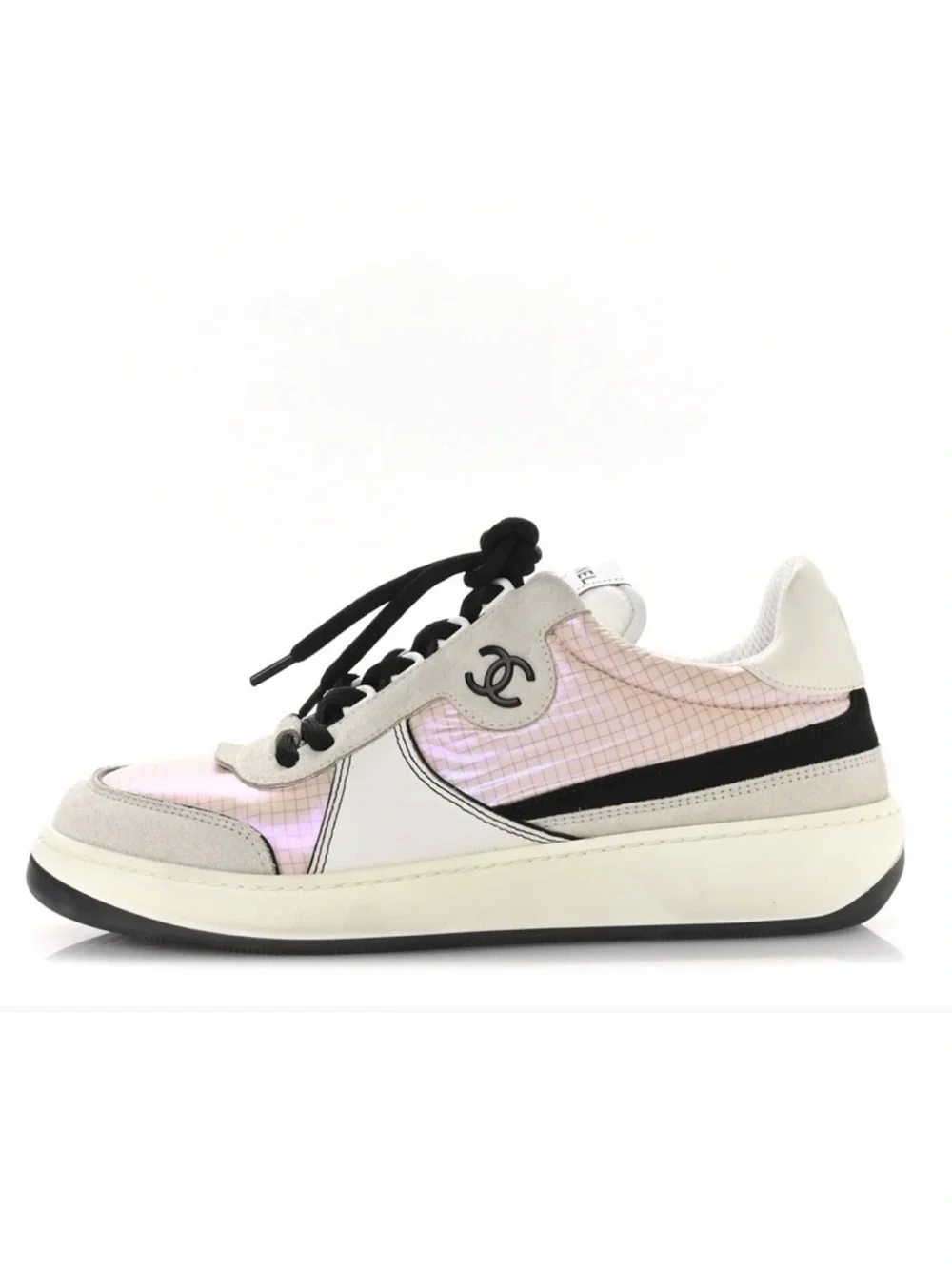 CHANEL CC Suede & Calfskin Sneakers,Size 38.5 (Fits US 8.5/EU 39)Pink/Grey/White